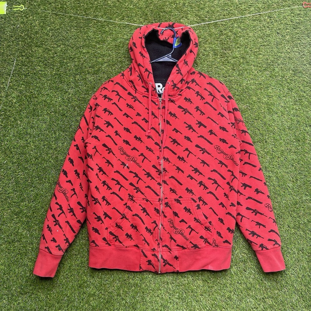 Rogue Status Gun Print Hoodie Mens Medium Red Streetwear Full Zip Fleece Graphic